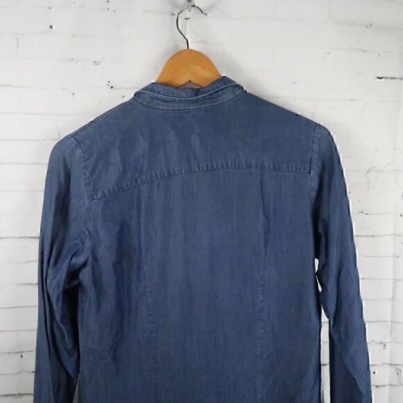 LEE BLUE DENIM LONG SLEEVE BUTTON DOWN WESTERN RUFFLE SHIRT SIZE MEDIUM - Picture 9 of 10